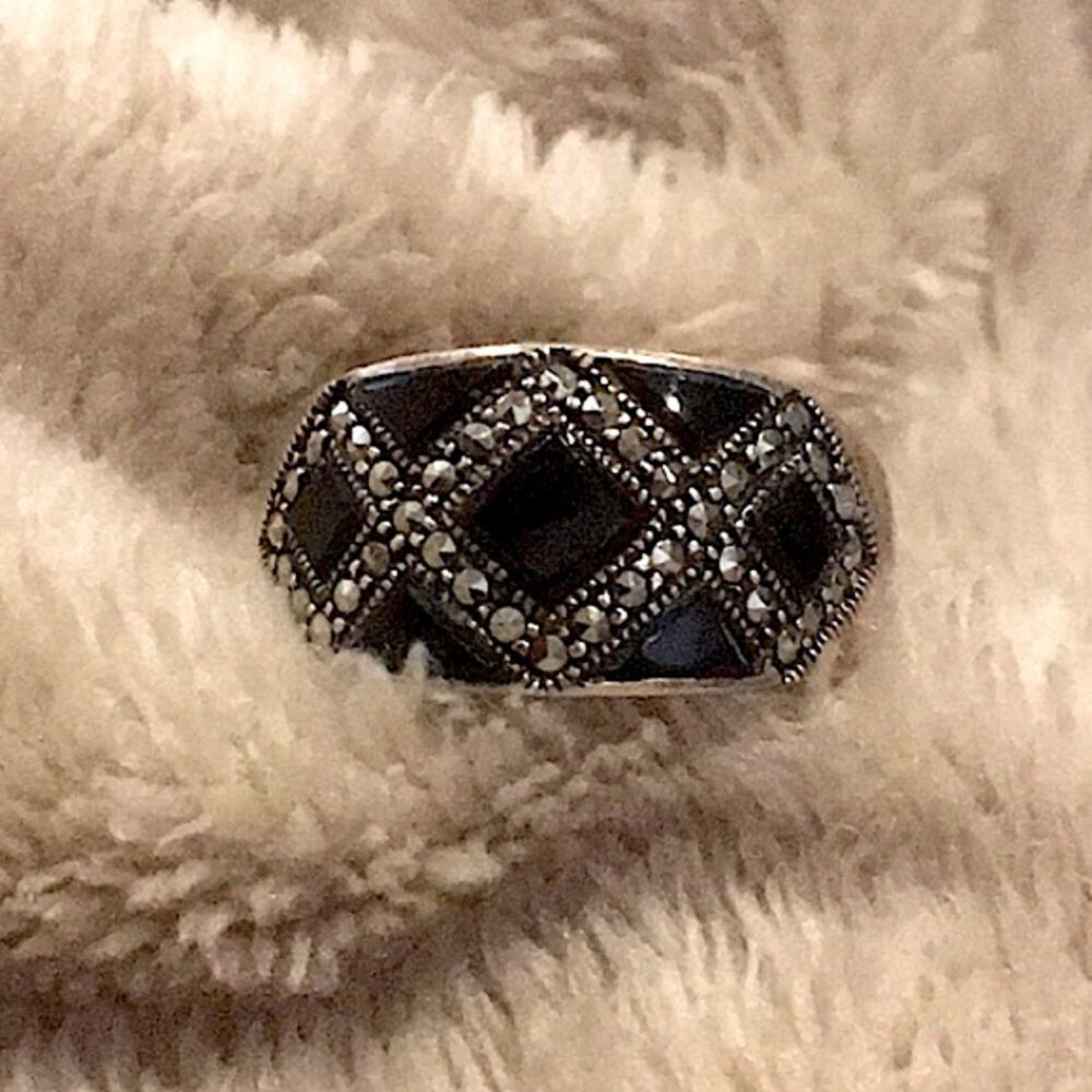 Vintage Black Onyx Marcasite Sterling Silver Mosaic Inlay Ring Sz 9